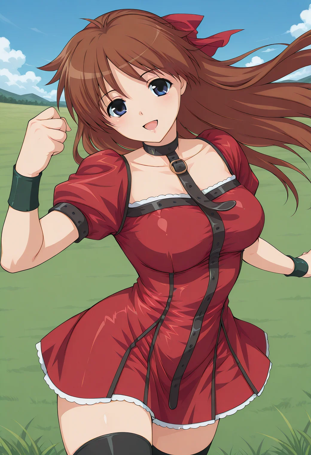 mutou_megumi, blue eyes, brown hair, long hair, choker, hair ribbon, wristband, collar, red dress, black thighhighs, zettai ryouiki, <lora:mutou_megumi_illustrious_ver1:0.8>
smile, open mouth,, masterpiece, best quality, sensitive,, 1girl, solo, blue sky, (grasslands:1.2), looking at viewer,, (cowboy shot, dynamic pose:1.4),