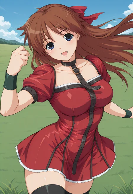 mutou_megumi, blue eyes, brown hair, long hair, choker, hair ribbon, wristband, collar, red dress, black thighhighs, zettai ryouiki, <lora:mutou_megumi_illustrious_ver1:0.8>
smile, open mouth,, masterpiece, best quality, sensitive,, 1girl, solo, blue sky, (grasslands:1.2), looking at viewer,, (cowboy shot, dynamic pose:1.4),