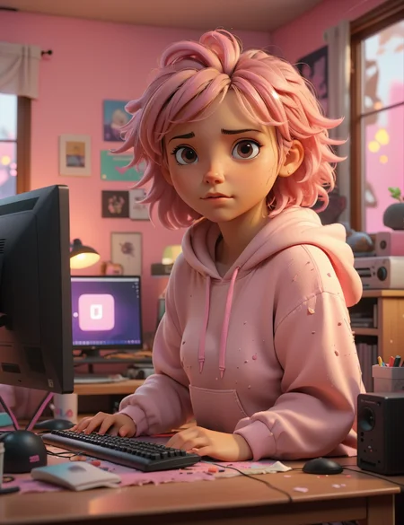 Cute lofi girl in front of his computer in her cozy and messy room, unreal engine 5 render, gorgeous lighting, pastel pink hues, 8k render, realistic scenic render <lora:perfection style:1>