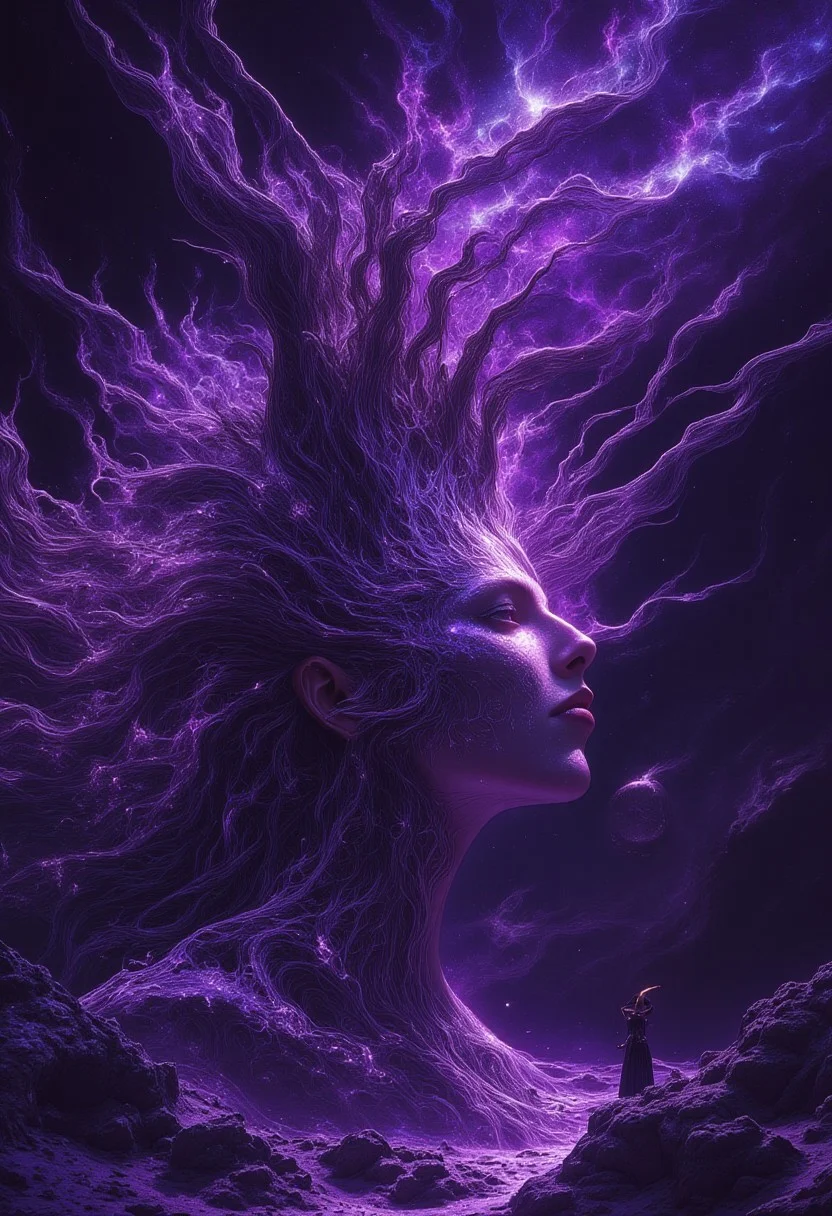A highly surreal, full-color tight portrait, where the woman’s head emerges from an ancient, petrified tree, her form blending seamlessly into its bark. The deep purple and black of the wood crack open to reveal glowing violet roots, pulsing with soft, luminescent energy, stretching across her shoulders and disappearing into the dry earth.
The wind pulls at the edges of her form, causing tiny glowing shards of bark to peel away and float into the sky, where they dissolve into swirling violet galaxies and nebulas. Her hair is already gone—replaced by flowing streams of stardust, lifting into the atmosphere. Her expression remains calm, as if she is surrendering to the transformation, letting the wind carry her into the stars.