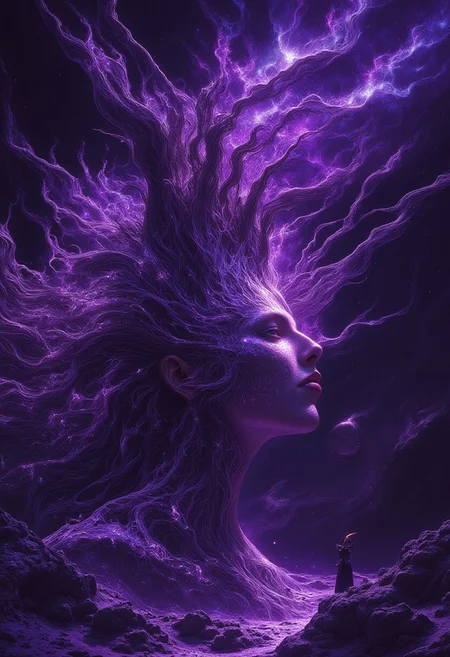 A highly surreal, full-color tight portrait, where the woman’s head emerges from an ancient, petrified tree, her form blending seamlessly into its bark. The deep purple and black of the wood crack open to reveal glowing violet roots, pulsing with soft, luminescent energy, stretching across her shoulders and disappearing into the dry earth.
The wind pulls at the edges of her form, causing tiny glowing shards of bark to peel away and float into the sky, where they dissolve into swirling violet galaxies and nebulas. Her hair is already gone—replaced by flowing streams of stardust, lifting into the atmosphere. Her expression remains calm, as if she is surrendering to the transformation, letting the wind carry her into the stars.