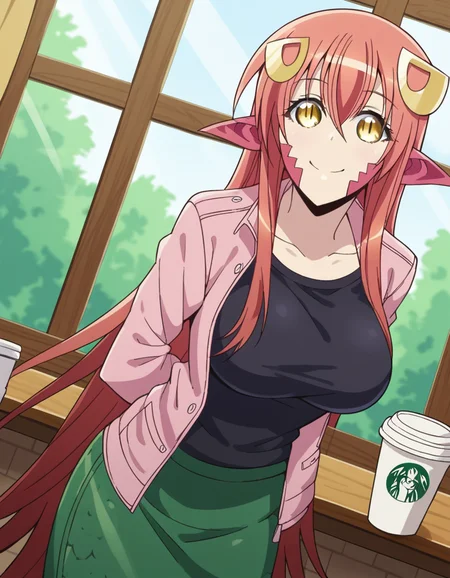 score_9, score_8_up, score_7_up, source_anime, <lora:lamia-miia-s1-ponyxl-lora-nochekaiser:1>, miia, miia (monster musume), long hair, large breasts, hair ornament, hair between eyes, very long hair, yellow eyes, red hair, pointy ears, hairclip, monster girl, slit pupils, scales, lamia,, skirt, shirt, jacket, black shirt, green skirt, pink jacket,, cafe, coffee cup, barista, sitting down, talking, relaxing, sunlight through window, smile, , hands behind back, bent over,, solo,, dutch angle,
