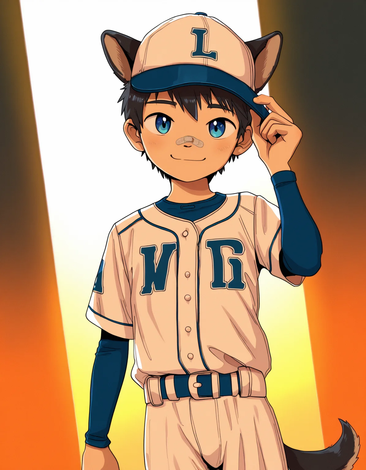 masterpiece, best quality, boysfactory-style, luye-style, orange gradient background, dutch angle, backlighting, film grain, 1boy, solo, black hair, blue eyes, baseball uniform, baseball cap, dog ears, dog tail, dog boy, looking viewer, smile, bandaid on nose, adjusting headwear, arm at side <lora:boys_factory_NaXLeps_v4f-ShoAI:0.65> <lora:luye-yuan_naXL_v3c-ShoAI:0.6>