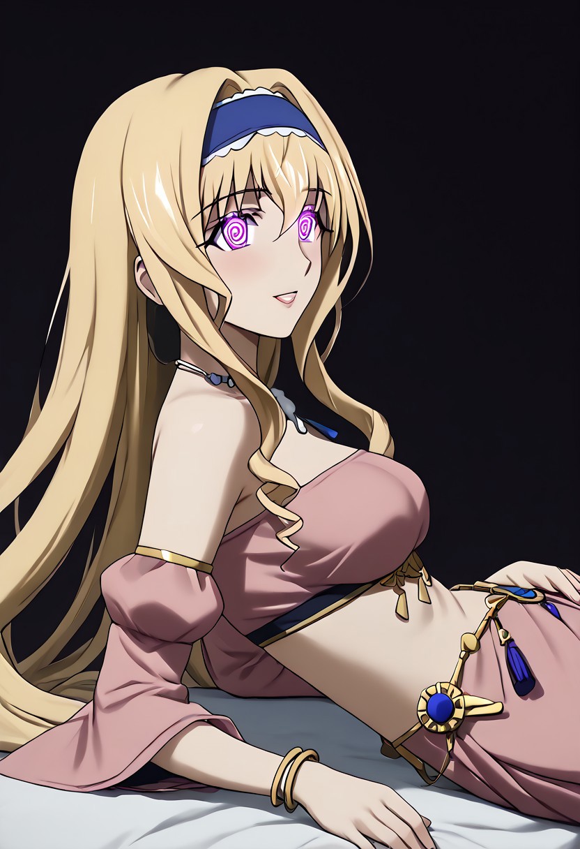 Cecilia hypnotized by headphones,
score_9, source anime, lewd, 1girl, smooth,
mind control, hypnotized, ((mind control headphones)), hypnotic music, metal antenna on headphones, spiral eyes, cr0ss3d_3y3s,
bandeau, dancer, cross-laced legwear, detached sleeves, jewelry, pelvic curtain, 
on side in bed, 
cecilia, other,