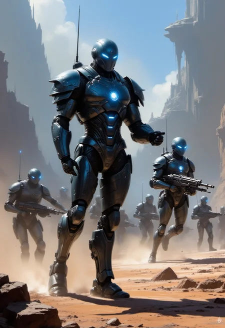 an army of high end bipedal robot battle units, blue and neon jointed power armor, detailed cyberhelmet, robot joints and circuits, holding assault laser rifles, in the midst of a battle on a dusty, rocky alien world, intricate detail. Perfect Composition, perfect directional lighting,