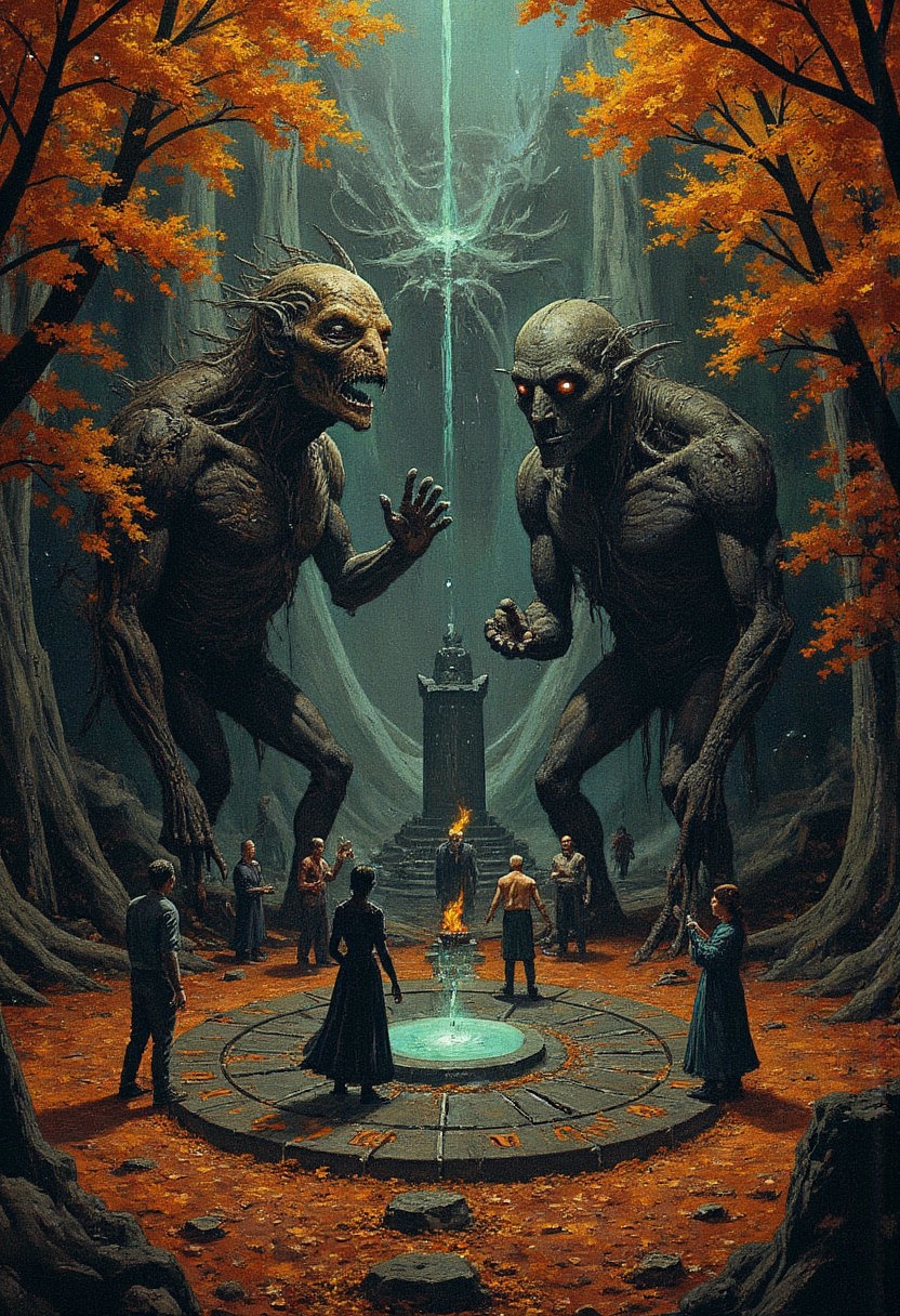An ancient stone circle deep in the autumn forest, the ground covered in a carpet of orange and gold leaves, towering creatures with long, twisted limbs and glowing eyes emerge from the shadows, their bodies covered in moss and ancient runes, a group of occultists stand at the center, their arms raised to the sky, chanting in a forgotten language, the creatures circle them, drawn by the power of the ritual, the air thick with the smell of damp earth and burning herbs.
, Vibrant, grotesque, and surreal with bold contrasts, heavy black outlines, and a blend of dreamlike autumnal hues; a mix of neon, retro, and pagan elements, inspired by Sean Aaberg’s punk-infused, chaotic energy and dreamcore's eerie, nostalgic undertones