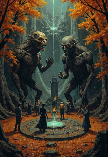 An ancient stone circle deep in the autumn forest, the ground covered in a carpet of orange and gold leaves, towering creatures with long, twisted limbs and glowing eyes emerge from the shadows, their bodies covered in moss and ancient runes, a group of occultists stand at the center, their arms raised to the sky, chanting in a forgotten language, the creatures circle them, drawn by the power of the ritual, the air thick with the smell of damp earth and burning herbs.
, Vibrant, grotesque, and surreal with bold contrasts, heavy black outlines, and a blend of dreamlike autumnal hues; a mix of neon, retro, and pagan elements, inspired by Sean Aaberg’s punk-infused, chaotic energy and dreamcore's eerie, nostalgic undertones