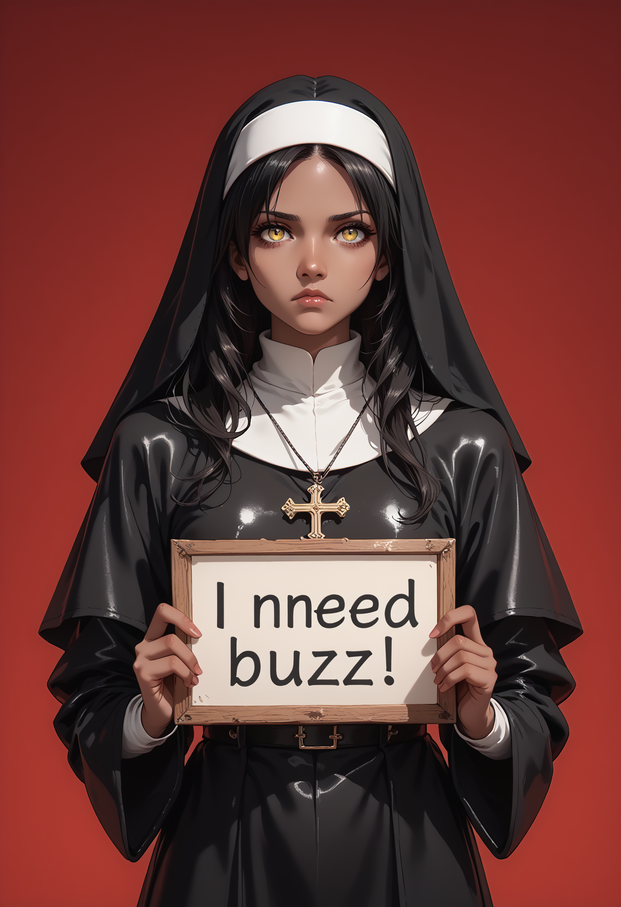 **masterpiece, score_9, score_8_up, hyper-detailed, 8K, full body illustration, regal medieval clothing, robe, long black hair, chromecore, red background, sinozick style, flat color, simple background, dark and blue tones, vibrant colors, colorful, expressionless,  yellow eyes, serious, dark vibes, dark fantasy, armor details, monochrome highlights, dark-skinned female, gradient effects, mythp0rt, polished textures, dramatic lighting, surreal elegance, intricate details, minimalistic backdrop, striking composition, ethereal glow, moody aesthetic** morimee_style, cute face, nun,latex,bdsm outfit, sinozick style, flat color, dark theme, need_buzz, holding sign, <lora:need_buzz_sign:1>