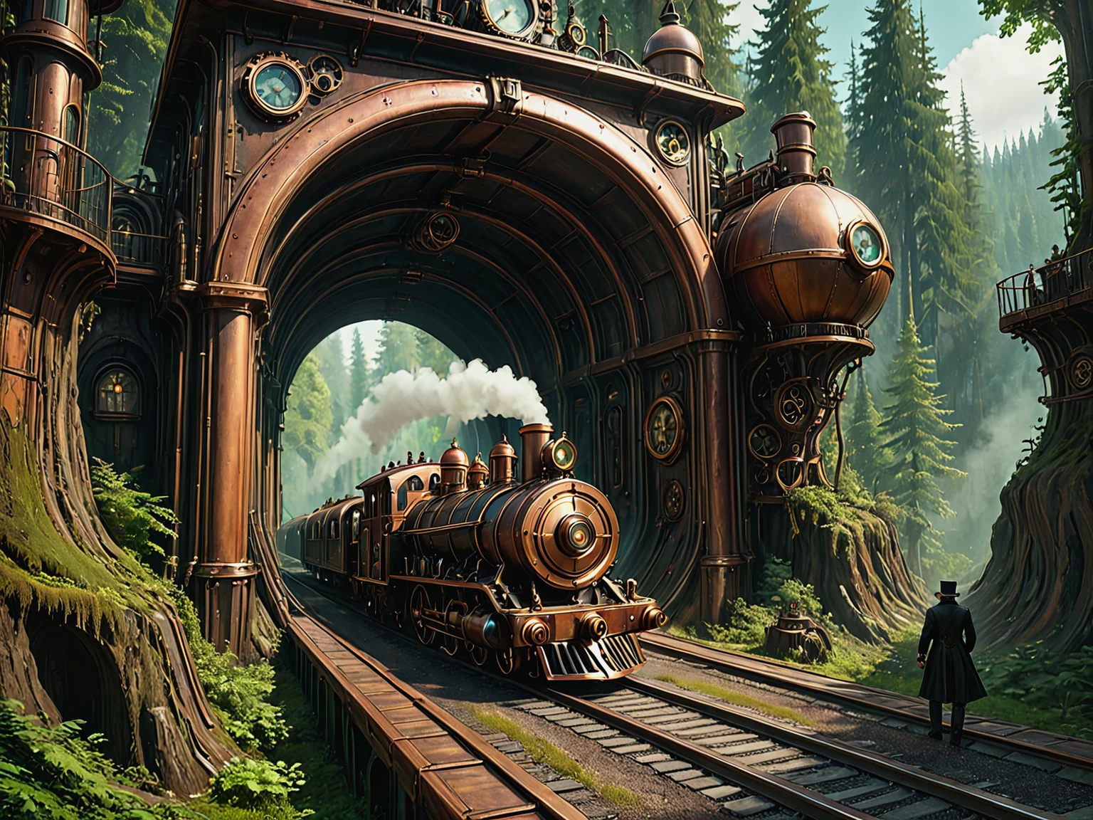 A steampunk train, exiting a tunnel into a forest.
<lora:Steampunk01_CE_XL_200-OT:0.6> stmpnkCE_style