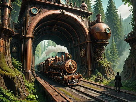 A steampunk train, exiting a tunnel into a forest.

<lora:Steampunk01_CE_XL_200-OT:0.6> stmpnkCE_style