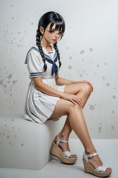 score_9, score_8_up, score_7_up, 1girl, source_anime, detailed, painting, traditional media, 1girl, sitting, yokozuwari, serafuku, white dress, short skirt, short sleeves, pleated skirt, black hair, round glasses, twin braids, akanbe, ;P, sandals, perfect feet, five toes, abstract background, Wedge Heels, espadrille wedges