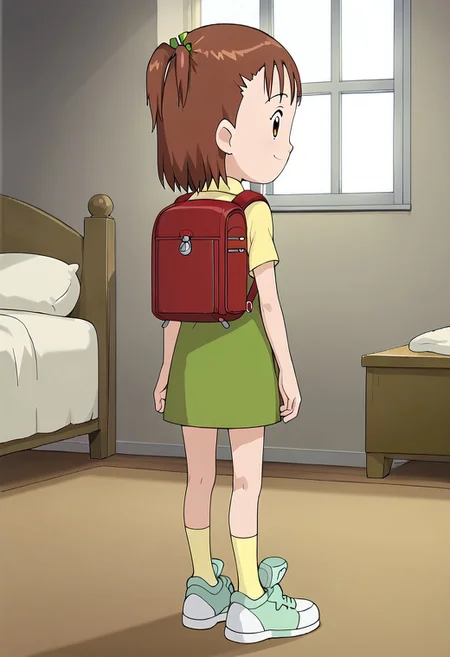 score_9, score_8_up, score_7_up, source_anime, anime screencap, masterpiece, best quality,
(1girl), jerikatou, ((solo, alone)), short petite, small body, flat chest, brown hair, side ponytail, brown eyes, green dress, smile, closed mouth, looking back,
BREAK
(yellow collared shirt, shoes, yellow socks, red backpack, rear view, back), 
BREAK
(standing), indoor, bedroom, bed in back, window in back, carpet on the floor, window in back during the day.