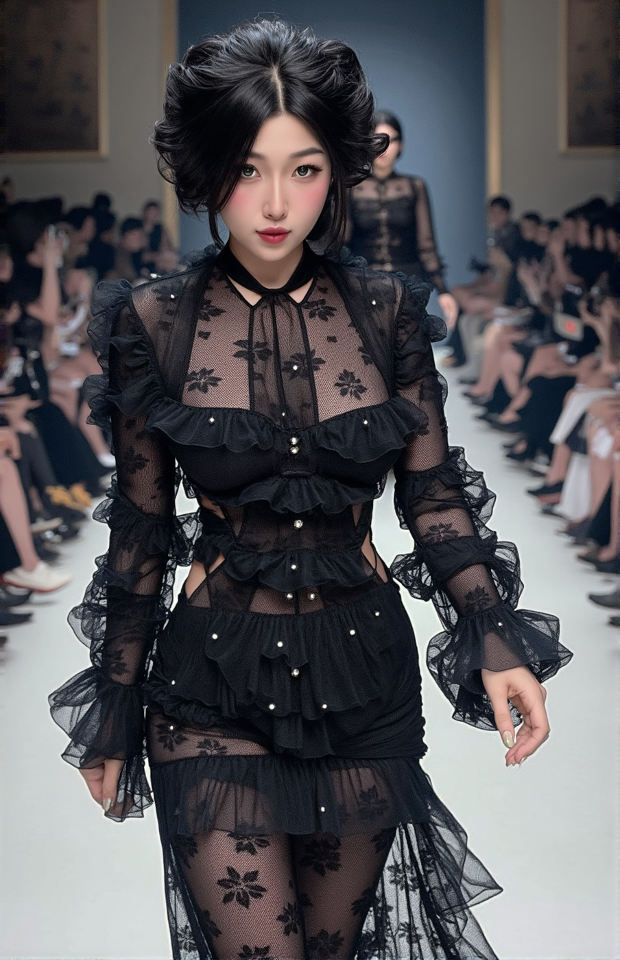 DuyennHippFlux, ultra realistic ultra high definition photo of a gorgeous woman with black hair looking seductively at the camera. Dramatic full body photo at a runway fashion show wearing an avant garde outfit.