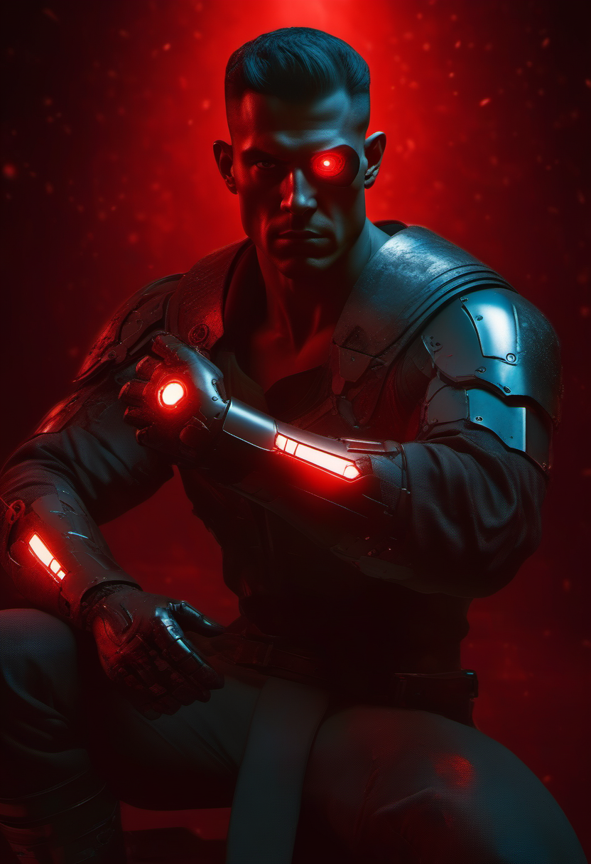 masterpiece, Young heavily scarred muscular man with cyborg eye cybernetic red eye with half metal face and one cybernetic arm wearing old ragged detective attire, perfect composition, beautiful detailed intricate insanely detailed octane render trending on artstation, 8 k artistic photography, photorealistic concept art, soft natural volumetric cinematic perfect light, chiaroscuro, award - winning photograph, masterpiece, oil on canvas, raphael, caravaggio, greg rutkowski, beeple, beksinski, gigerï¼ <lora:3DCyberpunkStyle_Hap_XL:1.6>
