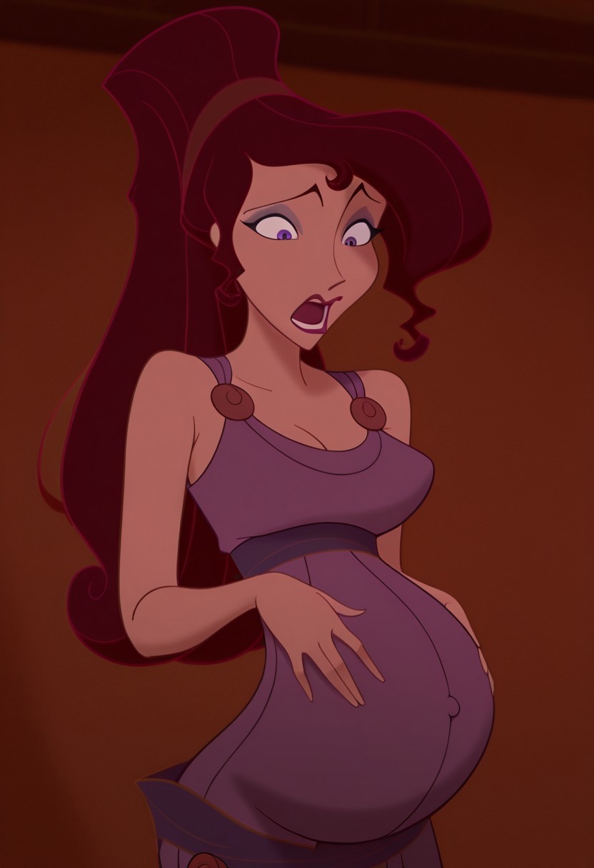 1girl, masterpiece, best quality, amazing quality, absurdres, <lora:Megara__Illustrious:1> m3g4r4, megara (hercules disney), long hair, tied hair, brown hair, purple eyes, purple Greek dress, cleavage, sexy makeup, lipstick, pregnant, suprised, shocked, looking down at her tummy,