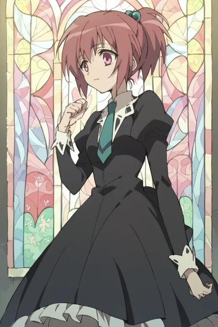score_9, score_8_up, score_7_up, score_6_up,
<lora:Nagisa_Aoi:1> nagisa, miator, 1girl, school uniform, solo, short hair, dress, necktie, hair ornament, stained glass, ponytail, black dress, pink eyes