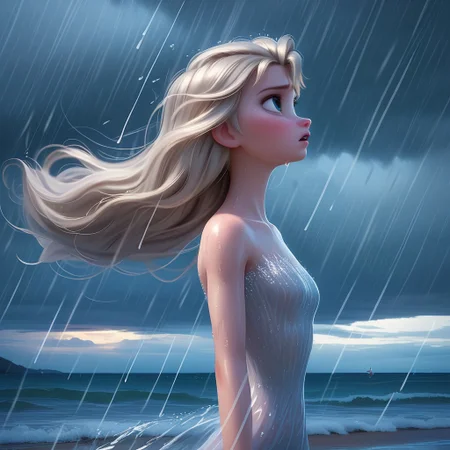 score_9, score_8, score_7, score_6, Elsa, 1girl, fFaceDetail, OverallDetail, beach, long hair, hair blowing in the wind, determined look, wet, tight silver dress, storm, windy, rain, at night, skinny