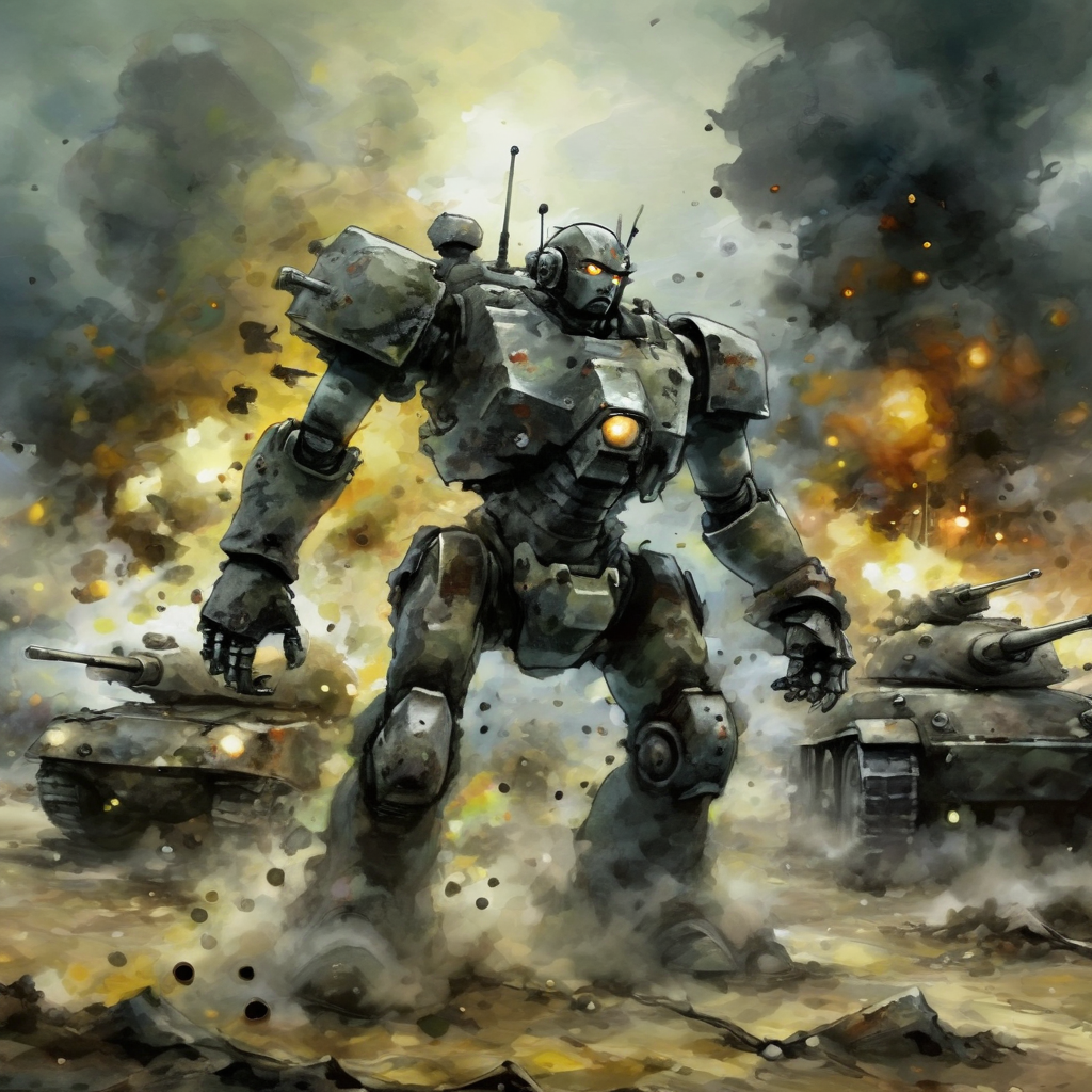 artmix04 powerful military robot on the battlefield with soldiers and tanks around, explosions, flames and fog, expressive, thrilling, dark, very detailed<lora:artmix04:1>