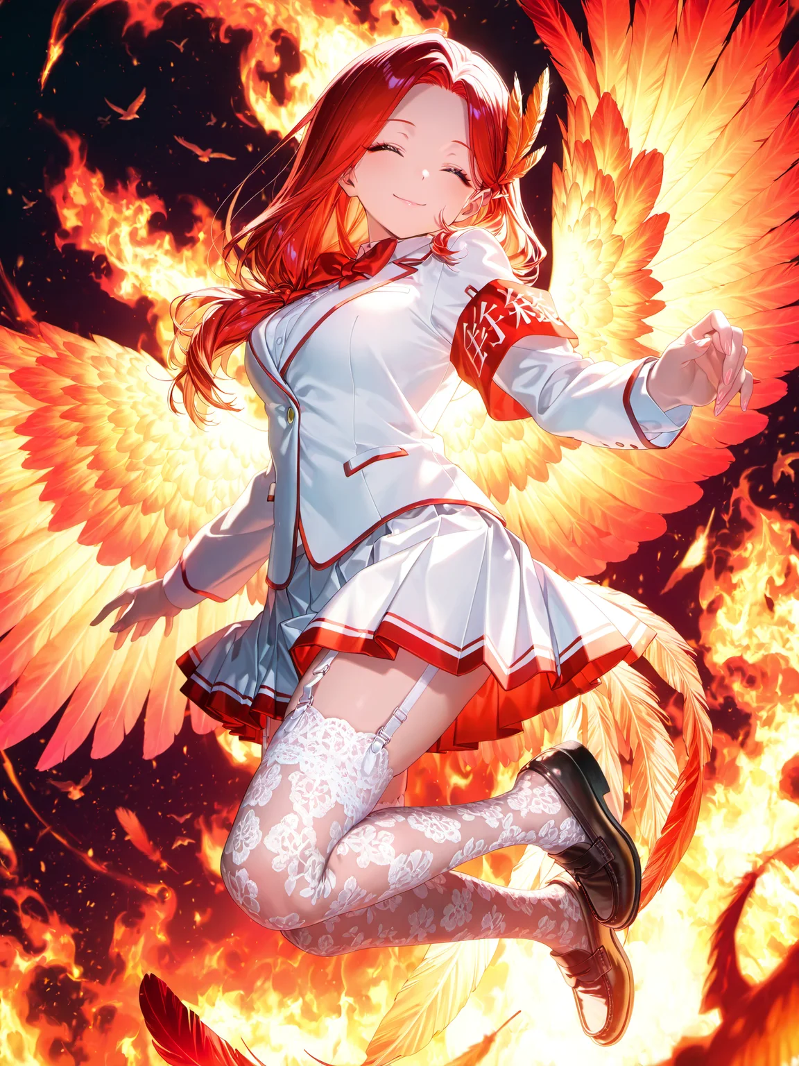 siiqa vivi, shuri \(84k\), <lora:AkaneXL:1>, Akane_YS, 1girl, long hair, feather hair ornament, smile, hair over shoulder, medium breasts, red hair, dynamic pose, bird,
<lora:spo_sdxl_10ep_4k-data_lora_webui:0.5> <lora:cfg_scale_boost:0.9> white school uniform, pleated skirt, armband, red bowtie, loafers, lace legwear, garter straps, closed eyes, phoenix, fire background, floating,
masterpiece, best quality, amazing quality, very aesthetic, absurdres, newest, lazypos