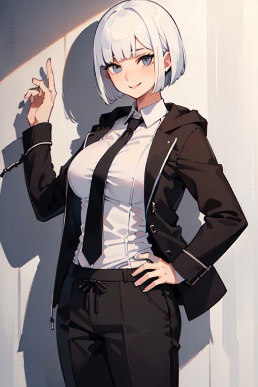 (best quality, masterpiece, detailed drawing:1.2), (official portrait, girl, pure white short haircut with full blunt fringe, in a business shirt, tie, trouser, under a black hoodie jacket, standing still by a wall, light proud smile:1.5), (mature body, extremely oversized large breasts:1.3), (cowboy shot, zoom-up:1.3),