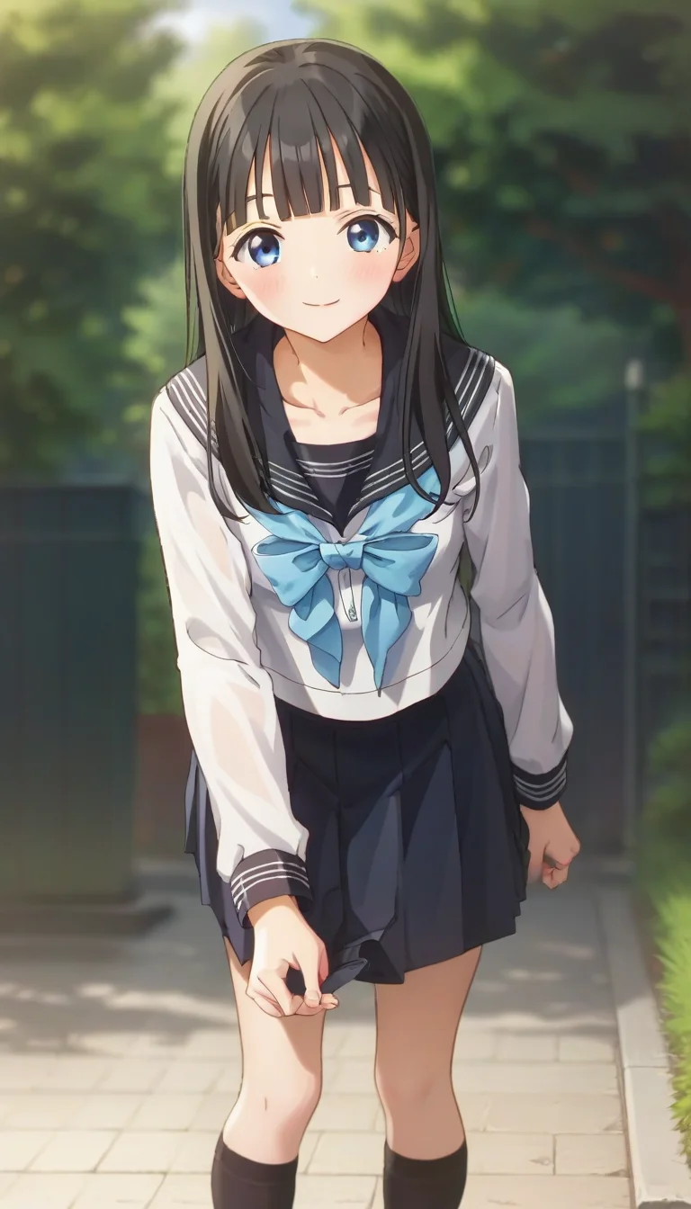 score_9,score_8_up,score_7_up,score_6_up BREAK official art,solo,outdoors,cowboy shot,looking at viewer,facing viewer,smile,blush,Komichi Akebi,long hair,black hair,straight hair,blunt bangs,blue eyes,collarbone,school uniform,black sailor collar,blue bowtie,blue neckerchief,white shirt,long sleeves,black skirt,medium skirt,pleated skirt,black socks,loafers,brown footwear,<lora:Komichi Akebi(asu)-Pony:1.4>,