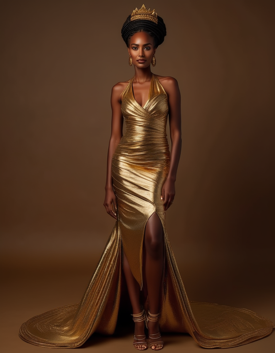 A full-body shot of a tall, statuesque Ethiopian woman in a sleek, modern gown that flows elegantly to the floor. Her dark, coiled hair is styled in a crown of intricate braids, and she stands with regal poise, her gold accessories gleaming against her smooth, ebony skin. <lora:usual-portrait-v2:1>