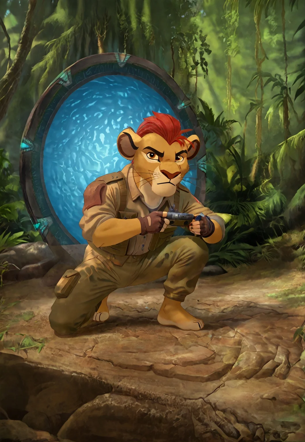 score_9, score_8_up, score_7_up.
(((Barefoot furry character, full body, cinematic setting, furry male, anthro, plantigrade))),
(((Kion))) dressed as (((taskforce soldier))), (((lion boy))) kneeling on one knee in the jungle, kneeling on one knee in the rainforest, kneeling before large (((stargate))), (((wearing green military camouflage uniform and brown fingerless gloves))), holding weapon, aiming weapon towards viewer.
pegas gate, blue chevrons, (((nonactive gate))), dhd, pegas dhd, dhd with blue central button, stargate is big compare to Kion.
BREAK, intricate details, highly detailed, extreme detail, octane render, fine art, best quality, highres, (detailed face:1.5), ((full_body)), UHD, (((perfect hands))), ((low light:1.5)), bwu