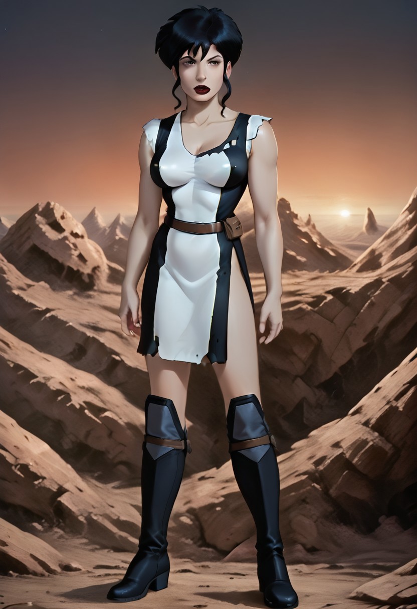 SCORE_9, SCORE_8_UP, SOURCE_FURRY, REALISTIC, SOLO, 1 FEMALE, BREAK, KERRIE STRAIN, BLACK HAIR, BROWN EYES, LIPSTICK, TORN DRESS, BELT, BOOTS, FULL BODY, SEXUALLY SUGGESTIVE, NIPPLE BULGE, BREAK, SCI FI BIO-DOME, OUTER SPACE HIGH RESOLUTION, VIVID TEXTURES, DETAILED PUPILS