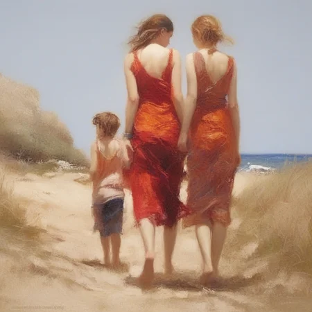 red, adding texture and depth to the foreground. The warm color palette and the relaxed poses of the figures evoke a feeling of carefree summer days and youthful innocence., dreamlike atmosphere. The subject matter deals with themes of vulnerability and exposed femininity., impressionistic brushwork captures the dappled light and soft colors of the coastal scene. The tender interaction between the two figures is the focal point, suggesting a maternal bond or embrace. The rich colors and impressionistic brushwork create a dreamy, with streaks of orange and red seeming to emanate from the instrument, with hints of a window or doorway, set against a serene countryside backdrop.