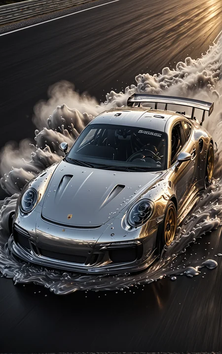 GOLD LIQUID METAL Porsche 911 RS3, race car, racing through SILVER LIQUID METAL, liquid metal sprays up from the cars tyres, Car drifting in a black void, UHD <lora:Liquid_Fluid_Metal_XL_-_By_DICE:0.7>