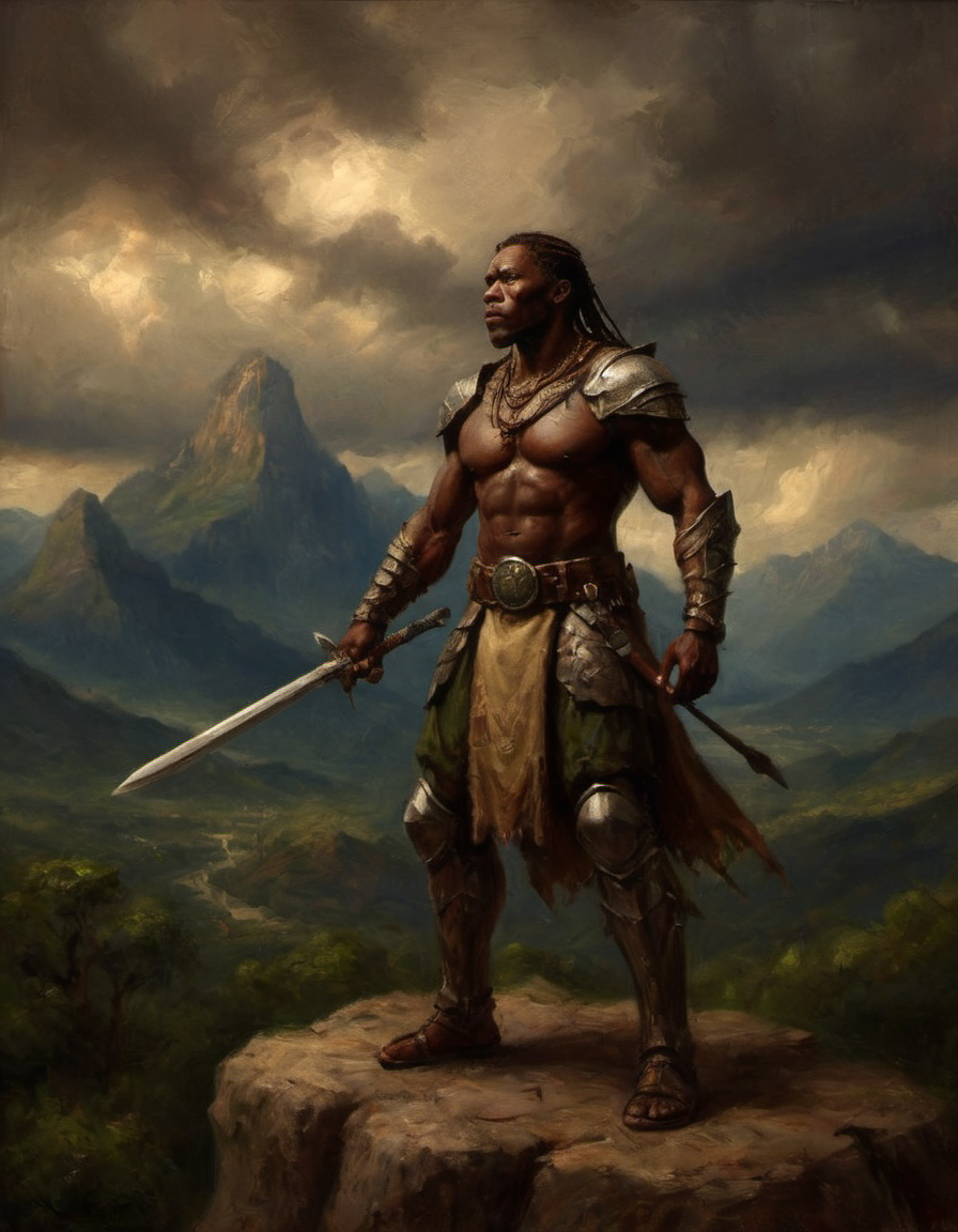 medieval jamaican fantasy sci-fi hollywood warrior in front of tall mountains and dramatic sky 