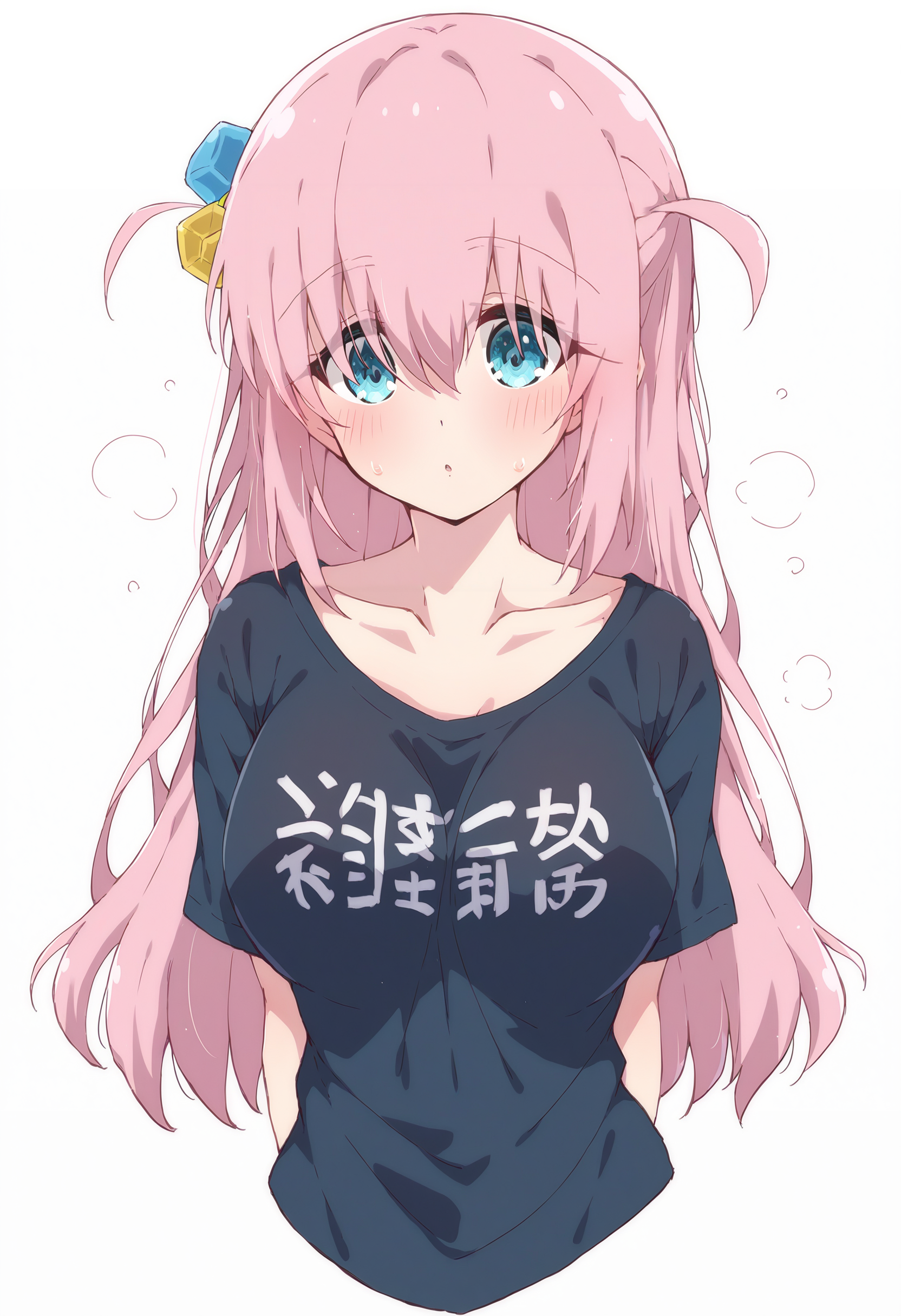 score_9, score_7_up, 1girl,black shirt,blue eyes,blush,clothes writing,collarbone,cropped torso,cube hair ornament,hair between eyes,large breasts,long hair,looking at viewer,one side up,pink hair,short sleeves,simple background,t-shirt,white background,gotoh hitori,bocchi the rock!<lora:mel_(melty_pot)-Style-PonyXL-Dora-000028:1>
