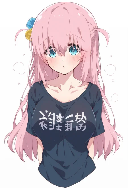 score_9, score_7_up, 1girl,black shirt,blue eyes,blush,clothes writing,collarbone,cropped torso,cube hair ornament,hair between eyes,large breasts,long hair,looking at viewer,one side up,pink hair,short sleeves,simple background,t-shirt,white background,gotoh hitori,bocchi the rock!<lora:mel_(melty_pot)-Style-PonyXL-Dora-000028:1>
