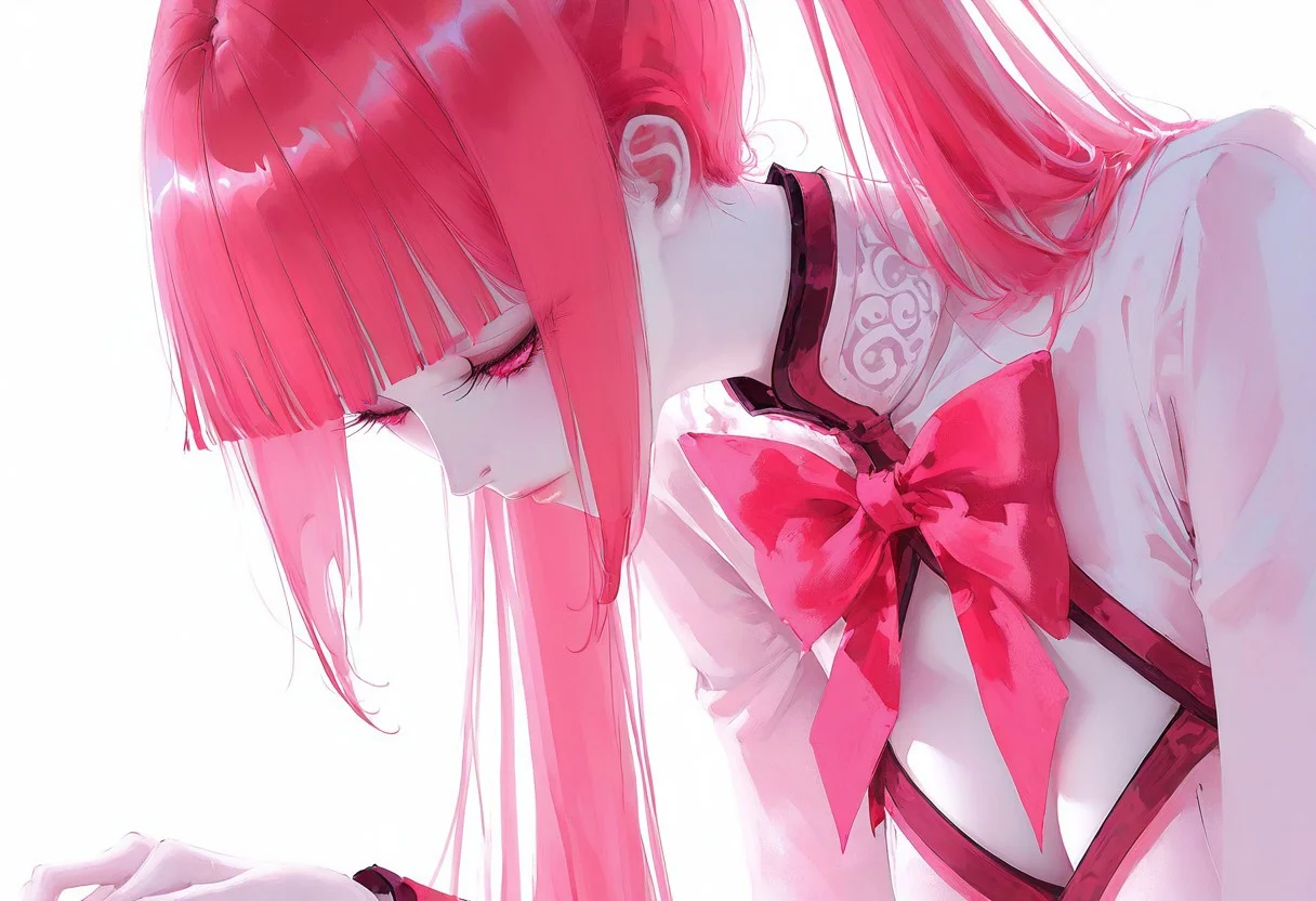 masterpiece, best quality, amazing quality, <lora:Nalan_Yanran:1>
1 girl, solo, pink hair, pink eyes, very long hair, twintails, bangs, blunt bangs, ponytail
white dress, cleavage, pink miniskirt, cleavage cutout, pink bow, pink bowtie, pleated skirt, high heels, clothing cutout, long sleeves, sailor collar, pink clothes chest, white background, eyelashes, looking down, half-closed eyes, portrait, pale skin, close-up,  long eyelashes,
wlop, nhl-001, limited palette, realistic <lora:noobai_ep11_stabilizer_v0.138_fp16:0.3> <lora:NOOB_vp1_detailer_by_volnovik_v1:0.3> <lora:nhl-002-nai:0.7> <lora:nhl-001-20:0.8> <lora:XXX667:0.6>