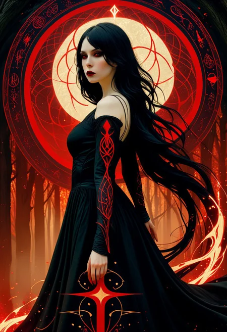 Silhouette Art, magnificent. female dark mage, long black hair, bangs, dark eyeshadow, red lips, porcelain pale skin, imbued with a dark malevolent beauty, sexy black mage gown featuring arcane symbols embroidered in its fabric, closeup portrait, abstract red-tinged background suggesting a forest glade
BREAK
cinematic angle, unique perspective, dramatic lighting
BREAK
Release me in the fray
Your fever driven craze
Release me, devastatе
Let Hircine guide your way into thе bloodlust