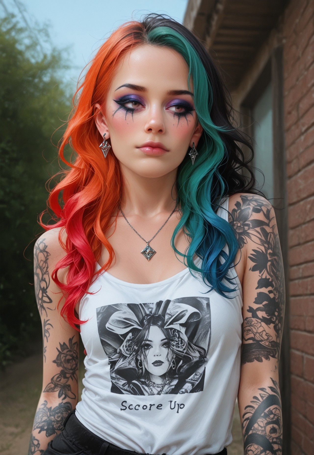 score_9,score_8_up, multicolored hair, hair,1girl, day, long hair, multi colored hair, alt girl, makeup,emo, emo makeup, lips, closed mouth, wavy hair, long hair, realistic,tank top,jewelry,necklace, (tattoos:1.8),earrings,posed, seductive,  shot from waist up