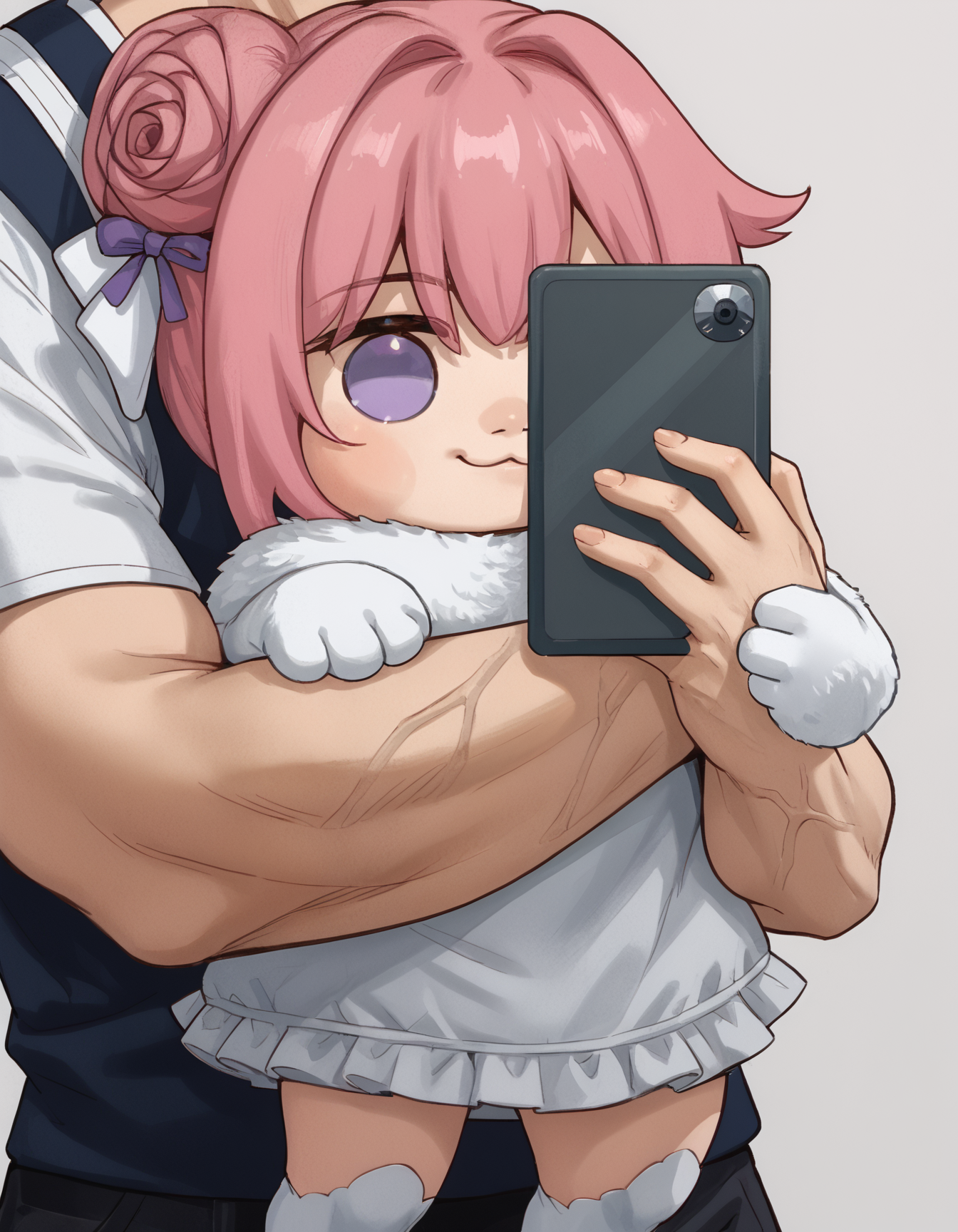 score_9, score_8_up, score_7_up BREAK 1girl, solo, chibi, doro, creature, :3, pink hair, purple eyes, hair bun, hair bow, white skin, solid circle eyes, no pupils, FlxngArndHdMeme, 1boy, selfie, hug, hug from behind, holding phone, muscular, close-up, flexing <lora:Doro_X_PDXL_V1:1>  <lora:FlexingAroundHeadMeme_pdxl_Incrs_v1:0.9>