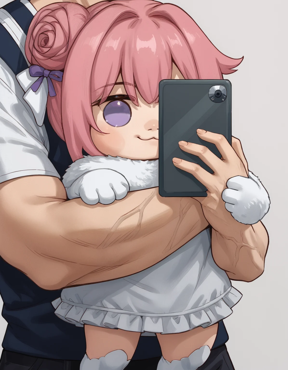 score_9, score_8_up, score_7_up BREAK 1girl, solo, chibi, doro, creature, :3, pink hair, purple eyes, hair bun, hair bow, white skin, solid circle eyes, no pupils, FlxngArndHdMeme, 1boy, selfie, hug, hug from behind, holding phone, muscular, close-up, flexing <lora:Doro_X_PDXL_V1:1>  <lora:FlexingAroundHeadMeme_pdxl_Incrs_v1:0.9>