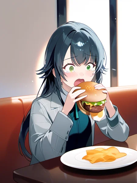 masterpiece, best quality, detailed, perfect anatomy, rating explicit, score_9, score_8_up, [score_7_up], 
BREAK
<lora:Burger_Malfunction-PonyXL-1024px:0.8>, burger malfunction, 
<lora:tsukimura_temari-pony-v1-000017:0.8>, tsukimura temari, long hair, green eyes, black hair, neck ribbon, grey jacket, open jacket, collared shirt, long sleeves, 
1girl, holding food, empty plate, 
tearing up, surprised, open mouth, 
(restaurant:1.1), table, sitting,