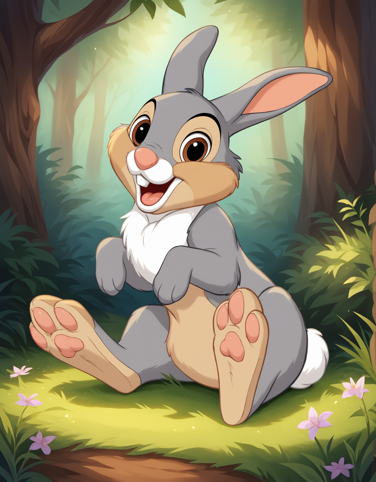 <lora:J_cartoon:0.6>, j_cartoon, <lora:ThumperXL:0.9>, thumper, score_9, score_8_up, score_8, Disney, solo, feral, male, ((foot paw focus)), ((small body proportions)), ((small)), ((short)), detailed fur, (gray fur), (mouth open), rabbit teeth, pink nose, (tongue out), (hazel eyes), (((gray eyelids))), ((looking at viewer)), breathtaking, cute, environmental lighting, award-winning, professional, highly detailed, ((detailed shaders)), adorasexy, beautiful, high quality, outdoors, forest, sitting, (((raised foot))), ((three toes)), <lora:Furtastic_Detailer:1>,