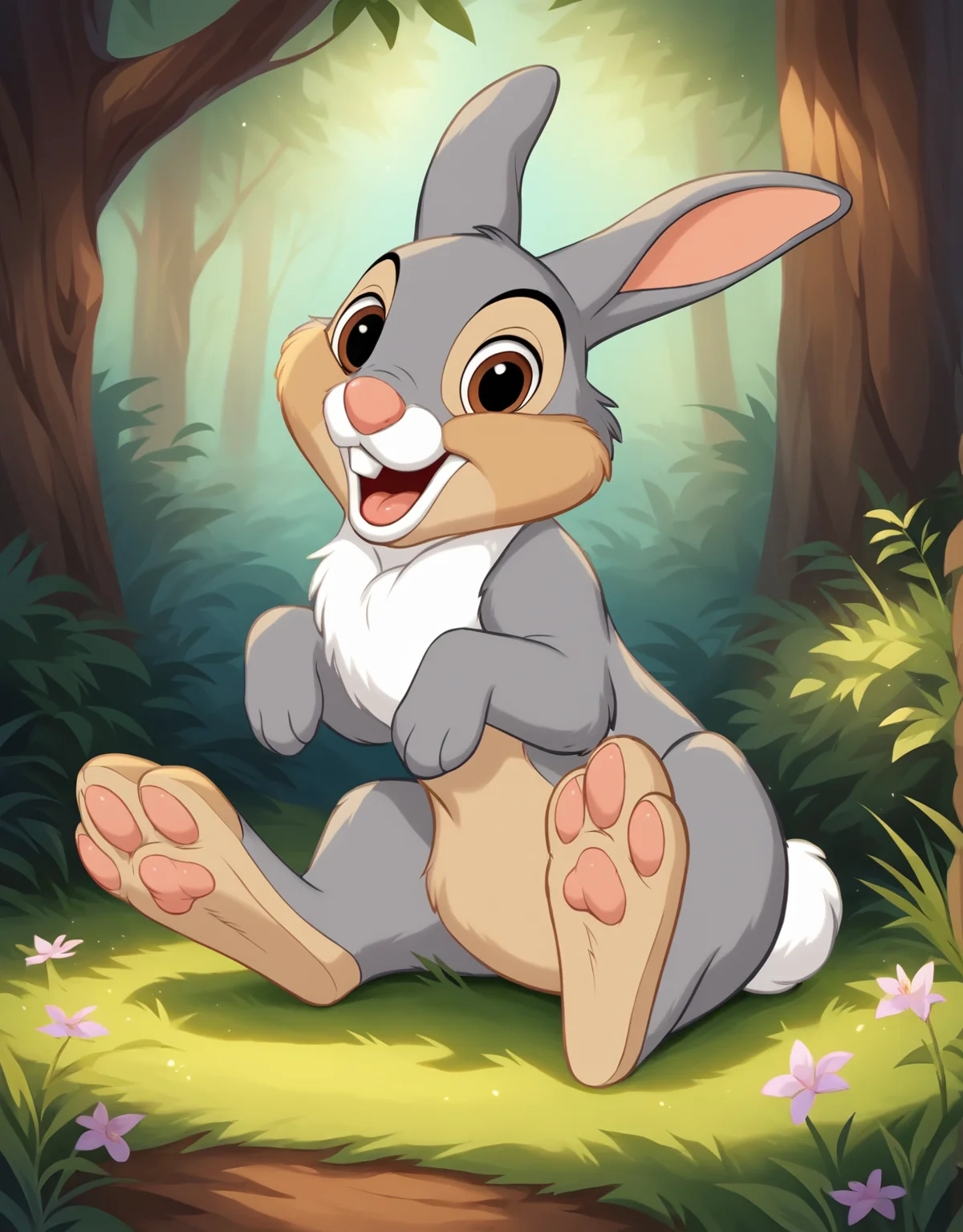 <lora:J_cartoon:0.6>, j_cartoon, <lora:ThumperXL:0.9>, thumper, score_9, score_8_up, score_8, Disney, solo, feral, male, ((foot paw focus)), ((small body proportions)), ((small)), ((short)), detailed fur, (gray fur), (mouth open), rabbit teeth, pink nose, (tongue out), (hazel eyes), (((gray eyelids))), ((looking at viewer)), breathtaking, cute, environmental lighting, award-winning, professional, highly detailed, ((detailed shaders)), adorasexy, beautiful, high quality, outdoors, forest, sitting, (((raised foot))), ((three toes)), <lora:Furtastic_Detailer:1>,