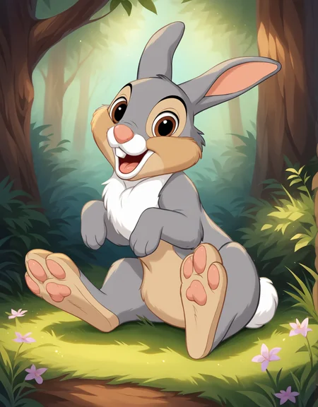 <lora:J_cartoon:0.6>, j_cartoon, <lora:ThumperXL:0.9>, thumper, score_9, score_8_up, score_8, Disney, solo, feral, male, ((foot paw focus)), ((small body proportions)), ((small)), ((short)), detailed fur, (gray fur), (mouth open), rabbit teeth, pink nose, (tongue out), (hazel eyes), (((gray eyelids))), ((looking at viewer)), breathtaking, cute, environmental lighting, award-winning, professional, highly detailed, ((detailed shaders)), adorasexy, beautiful, high quality, outdoors, forest, sitting, (((raised foot))), ((three toes)), <lora:Furtastic_Detailer:1>,