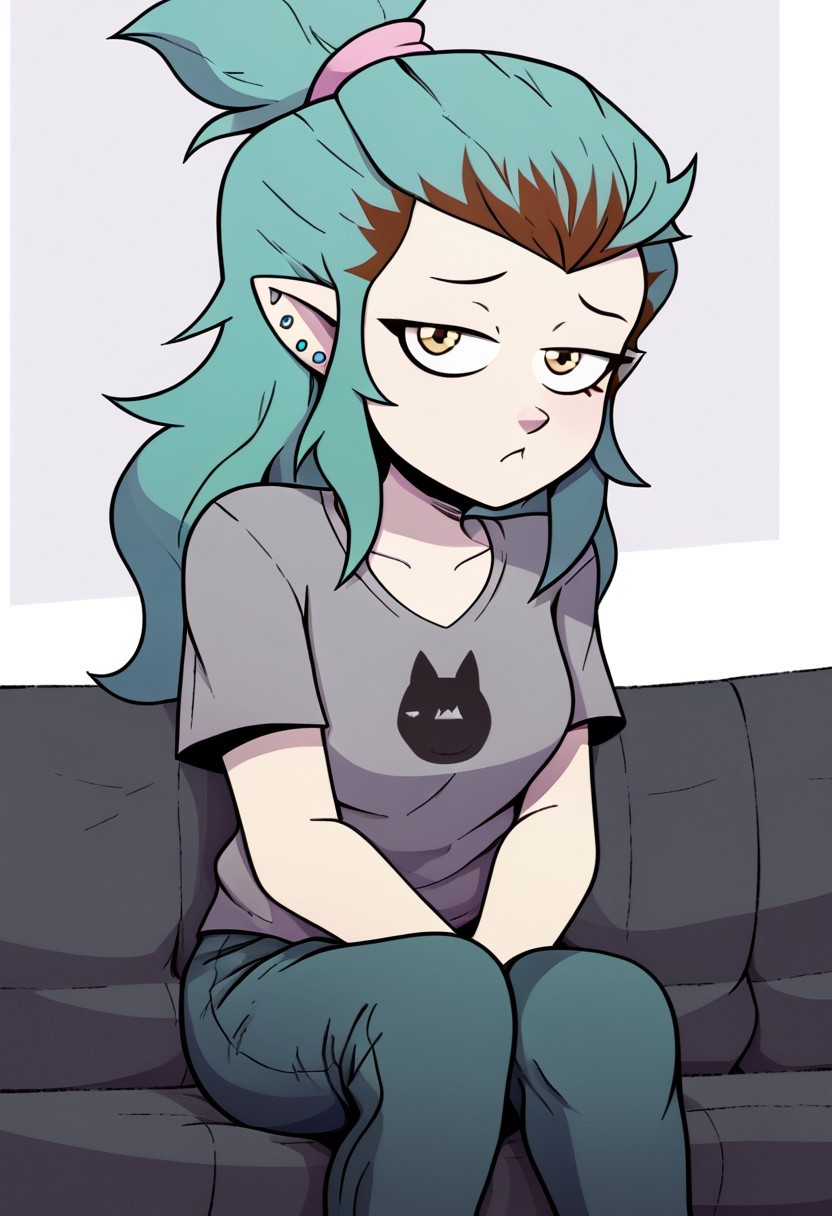 deadinsidestyle, cha, solo, sitting on lounge, jeans, grey t-shirt,