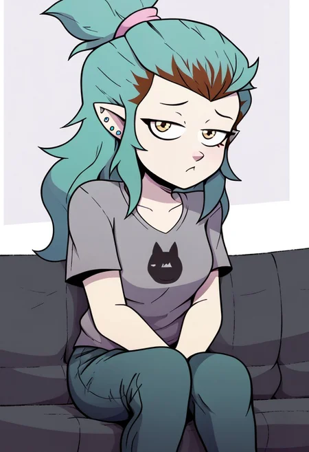deadinsidestyle, cha, solo, sitting on lounge, jeans, grey t-shirt,