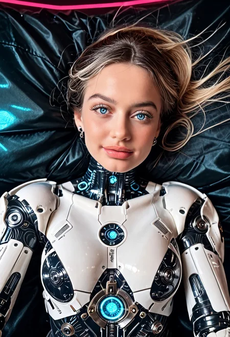 score_9, score_8_up, score_7_up, Raw Photo, Portrait, cute android girl, black android, glossy blue, seductive, innocent, light smile:0.3, plump lips, artificial silicone face, artificial silicone skin, panel lines visible in skin, symmetrical , slender body, wearing pink science fiction clothes, hands, breathtaking grandeur, LED internal lighting, cyberpunk style, pale pink wig, large glowing blue glass eyes, cyborg, full moon, dystopian futuristic city background, depth of field, dynamic angle, photo realistic:1.4, realistic skin:1.4, fashion photography, sharp, analog film grain, hyperdetailed:1.15, rainbow wig, big green glass eyes
cyborg bodysuit,science fiction, Robot Girl, Robogirl
silicone,s3xd0ll,large breasts,looking at viewer,blue eyes
ruanyi0812,white bodysuit,skin tight mint green jacket,open jacket