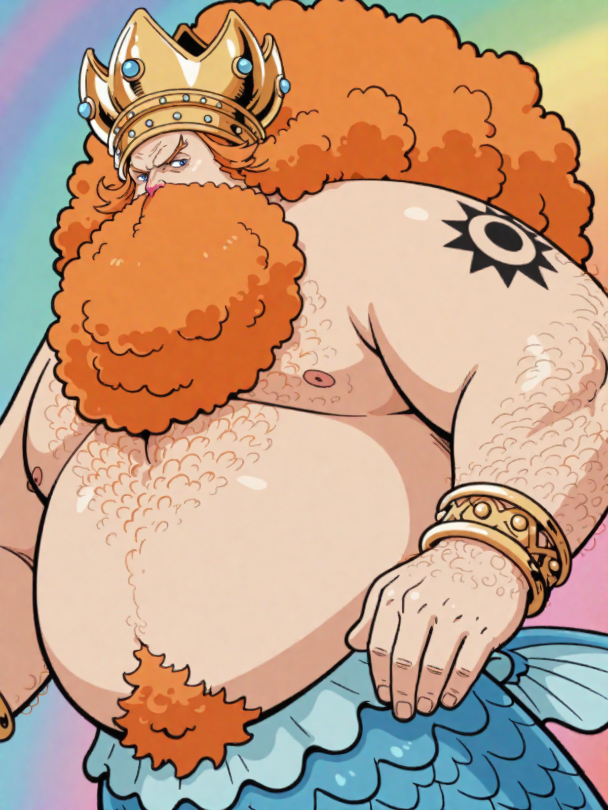 Stable_Yogis_Anatomy_Positives_V1,1boy,solo,neptune (one piece), blue eyes, orange hair, afro, long hair, beard, tattoo, chest hair, fat, mermaid, crown, bracelet, arm hair, lower body is fish body, fins,rainbow background,<lora:Neptune:0.7>