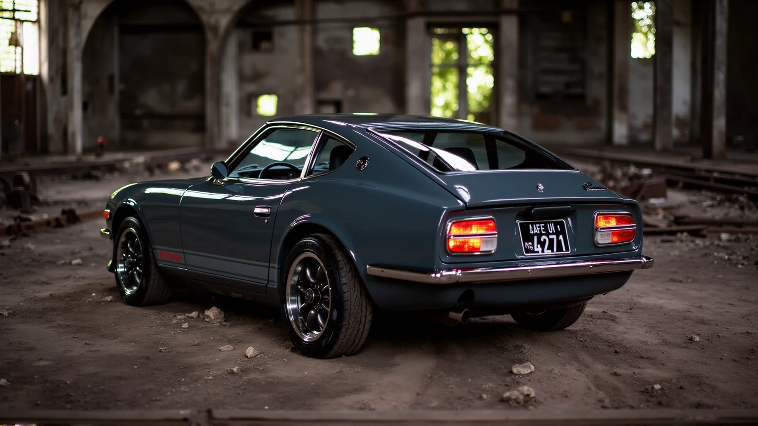 Inside a massive, dimly lit abandoned warehouse, a 1972 Nissan Datsun 240Z Fairlady in matte gunmetal gray rests amidst a scene of urban decay. Dust dances in the beams of light filtering through broken windows, casting streaks over the carâs angular ducktail spoiler and glowing round tail lights. The chrome trim contrasts with the peeling paint and rusted machinery scattered around. The carâs pristine condition and bold stance create a striking juxtaposition against the weathered surroundings, exuding defiance and elegance
<lora:ral-nssndtsn_000001000:1>
