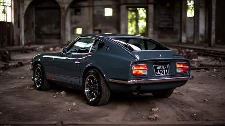 Inside a massive, dimly lit abandoned warehouse, a 1972 Nissan Datsun 240Z Fairlady in matte gunmetal gray rests amidst a scene of urban decay. Dust dances in the beams of light filtering through broken windows, casting streaks over the carâs angular ducktail spoiler and glowing round tail lights. The chrome trim contrasts with the peeling paint and rusted machinery scattered around. The carâs pristine condition and bold stance create a striking juxtaposition against the weathered surroundings, exuding defiance and elegance
<lora:ral-nssndtsn_000001000:1>