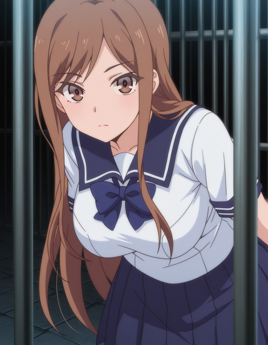 masterpiece, best quality, amazing quality,, <lora:ayane-shirakawa-ona-illustriousxl-lora-nochekaiser:1>, ayane shirakawa, long hair, brown hair, brown eyes, mature female, breasts, anime screencap, skirt, shirt, bow, school uniform, white shirt, short sleeves, pleated skirt, serafuku, bowtie, blue skirt, blue bow, blue bowtie, leaning forward,, prison, bars, cells, guards, confined, cowboy shot, solo, looking at viewer