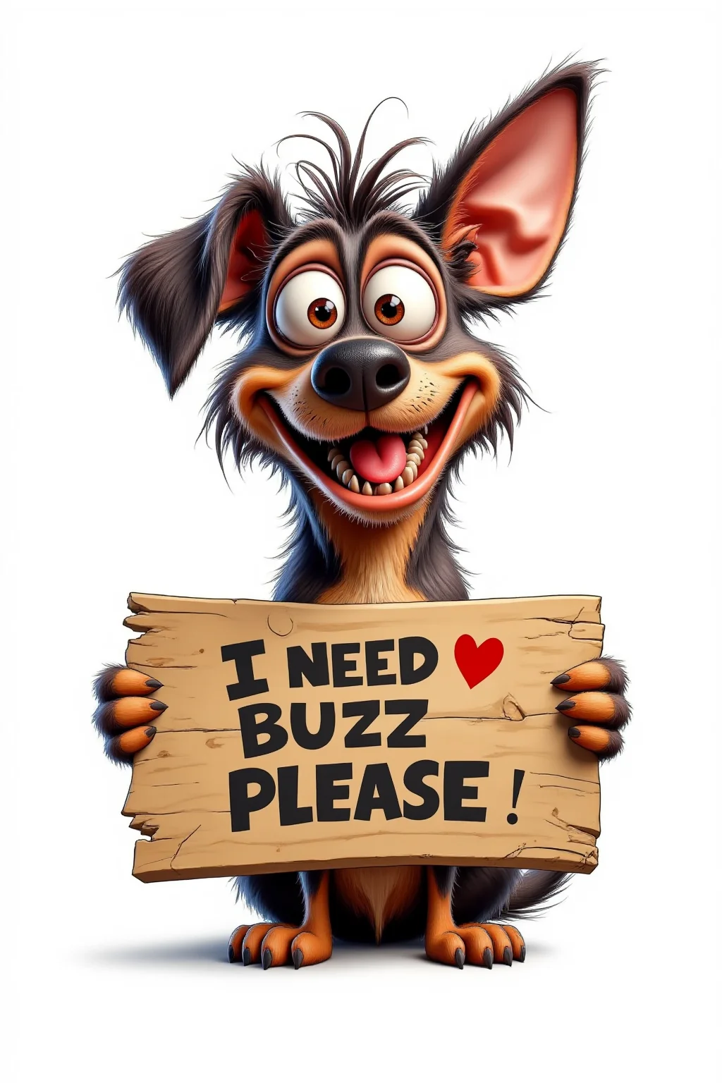 a medium-sized cartoon dog is holding a wooden sign that reads "I NEED BUZZ PLEASE" in bold black letters. The dog's mouth is open wide, revealing a red heart in the middle of its mouth. Its ears are sticking out, adding a pop of color to the scene. Its fur is a dark brown, while its paws are a lighter brown. The background is a stark white, creating a stark contrast to the dog and the sign.,adorable whimsical quirky,exaggerated,quirky expression